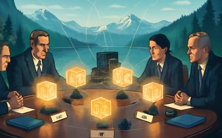 Editorial illustration of leaders around a summit table with glowing AI model cores above national nameplates, alpine lake backdrop and subtle network lines linking chips, data centers and diplomatic folders.