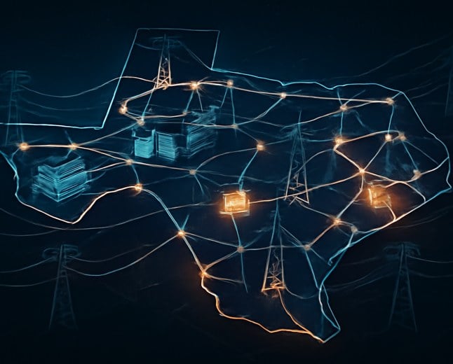 A Texas-shaped electric grid at night with glowing server farms, transmission lines, voltage-wave distortions, and amber warning highlights around substations.