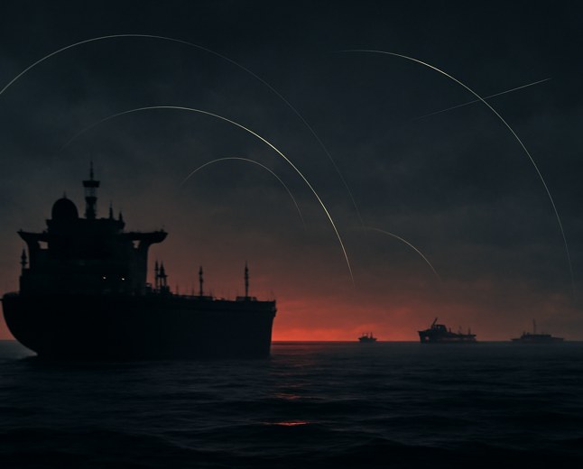 Commercial tankers and naval silhouettes in the Strait of Hormuz at dusk, with faint drone trails and radar-like warning arcs over dark water.