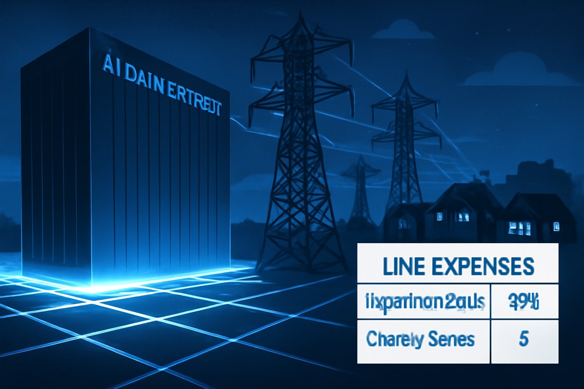A large AI data center at night connected to transmission towers, with nearby homes symbolizing the cost-allocation fight over grid upgrades.