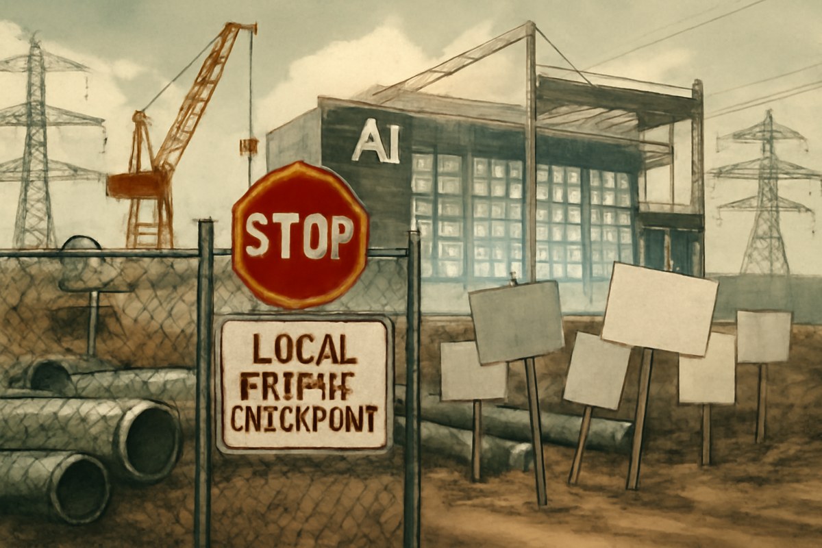 Editorial illustration of an AI data center construction site paused at a local permit checkpoint, with power lines, water infrastructure and residents in the foreground.