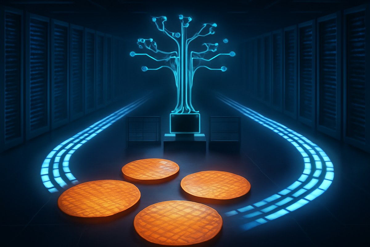 Editorial illustration of an AI data center floor with glowing silicon wafers, network diagrams and multiple supplier paths converging into a secure control console, without logos.