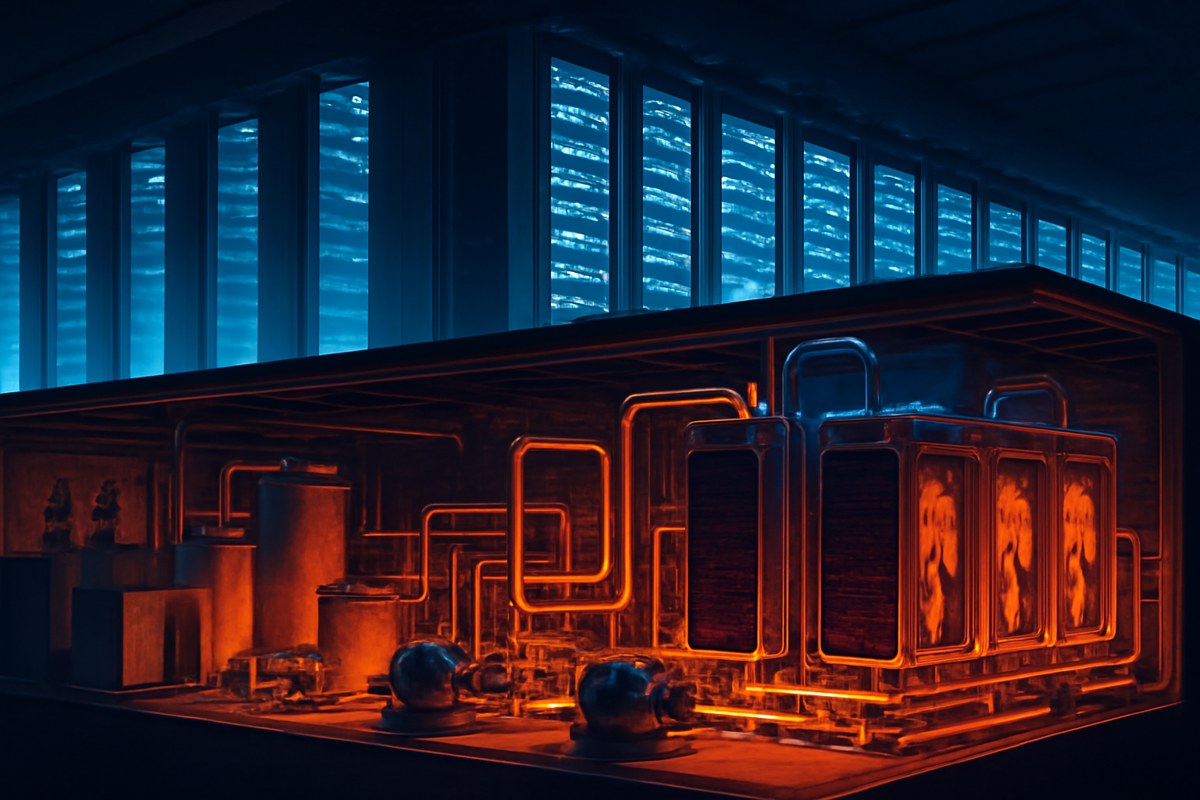 A stylized AI data center cross-section with server racks, cooling pipes, heat exchangers and power equipment arranged like an industrial energy facility.