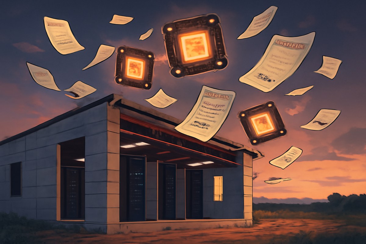 A half-built rural Georgia data center at dusk with dark server racks, glowing GPU chips, contracts and penny-priced stock warrants swirling overhead.
