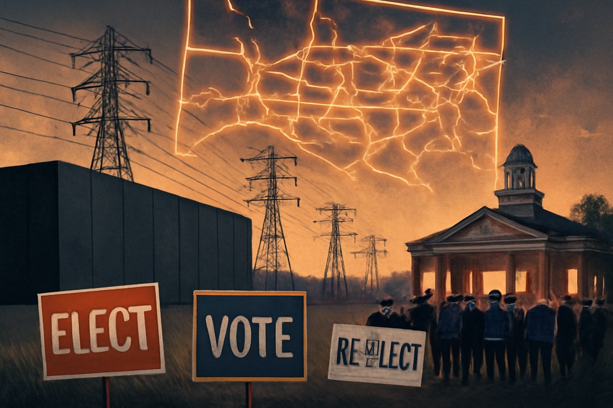 A massive windowless AI data center near power lines and a suburban town hall, with campaign signs in the foreground and a glowing grid map overhead.