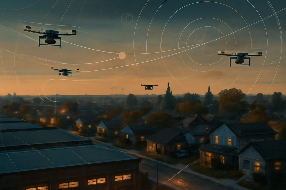 Autonomous delivery drones flying over a suburban neighborhood and warehouse district, with subtle air-corridor lines and logistics-map overlays showing a new retail delivery network.