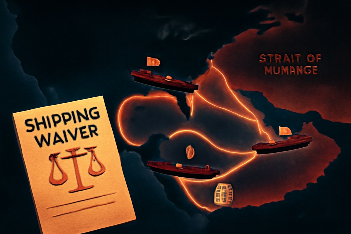 Editorial illustration of foreign-flagged tankers moving along glowing U.S. coastal routes while a shipping waiver document and distant Strait of Hormuz chokepoint frame the energy-security stakes.
