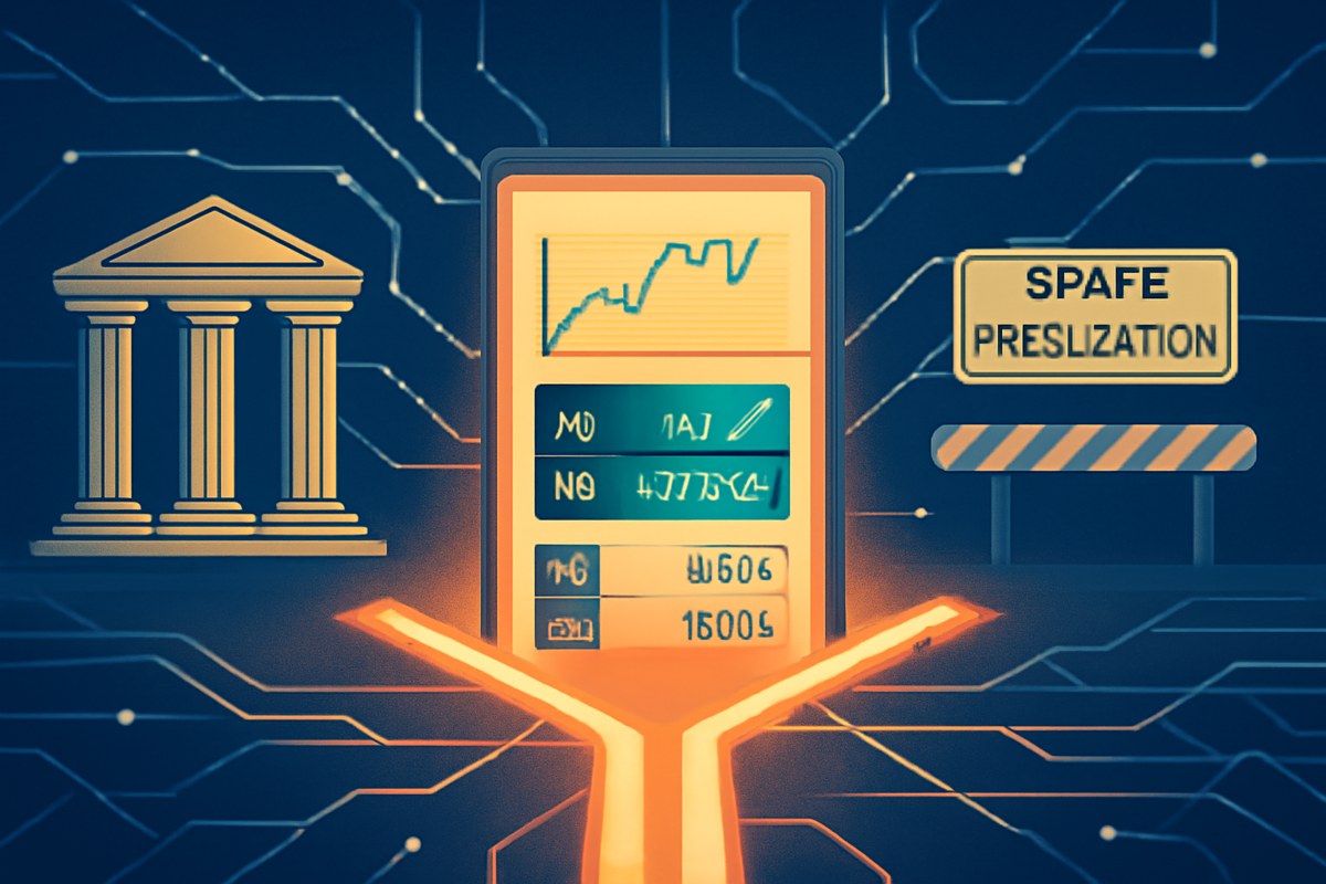 Editorial illustration of a prediction-market screen splitting between federal courthouse columns and state gambling checkpoints, with abstract sports-score tiles and data-network lines under tension.
