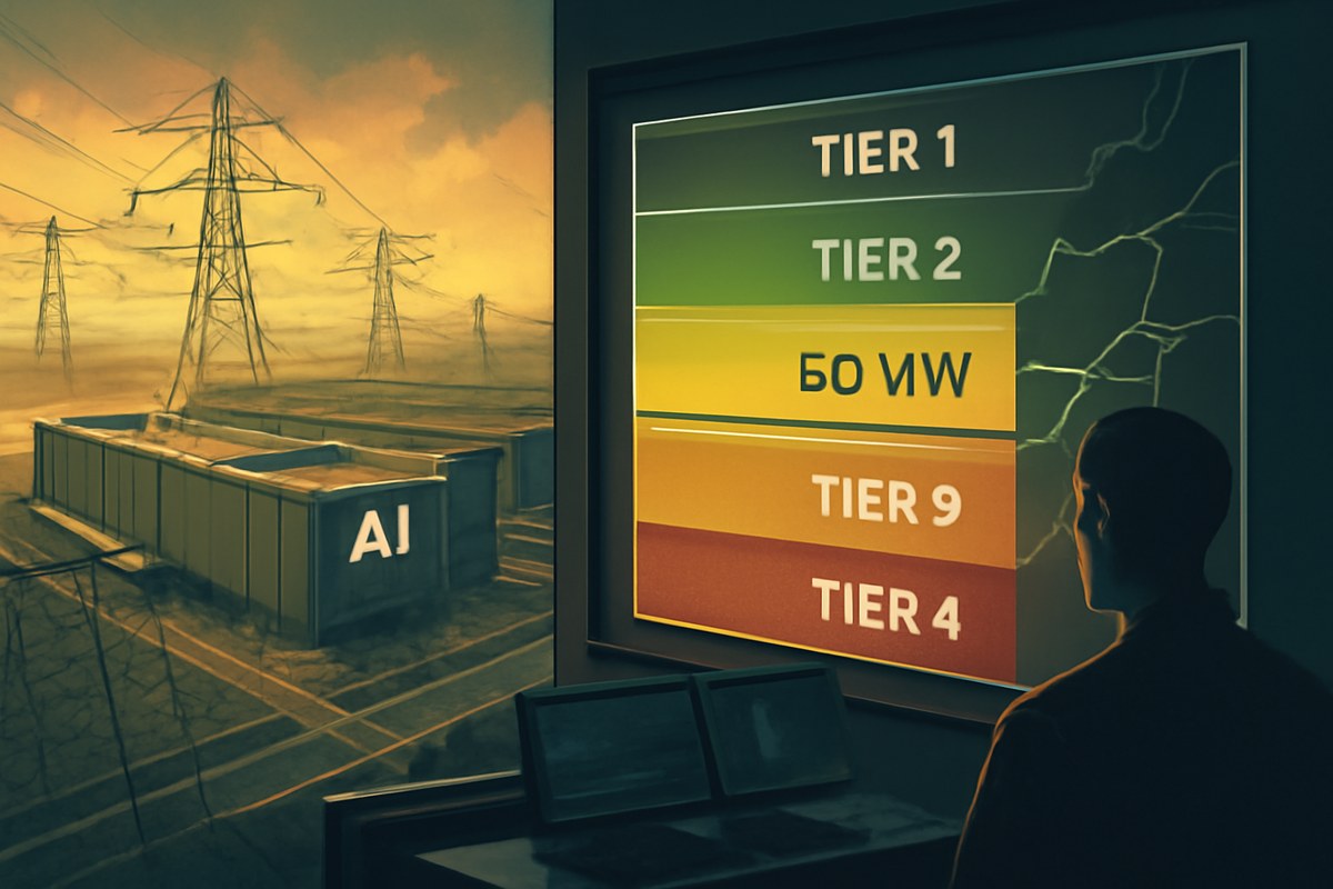 An AI data center campus connected to high-voltage transmission infrastructure while a grid-control interface shows load-shedding tiers and a 50 MW threshold.