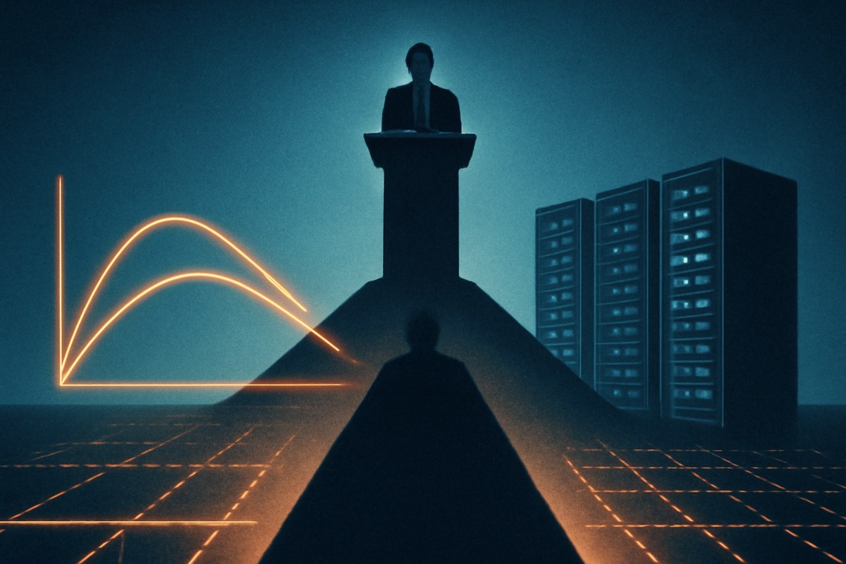 A central banker at a mountain podium casts a long shadow over rising yield curves, AI server racks and a glowing liquidity grid.