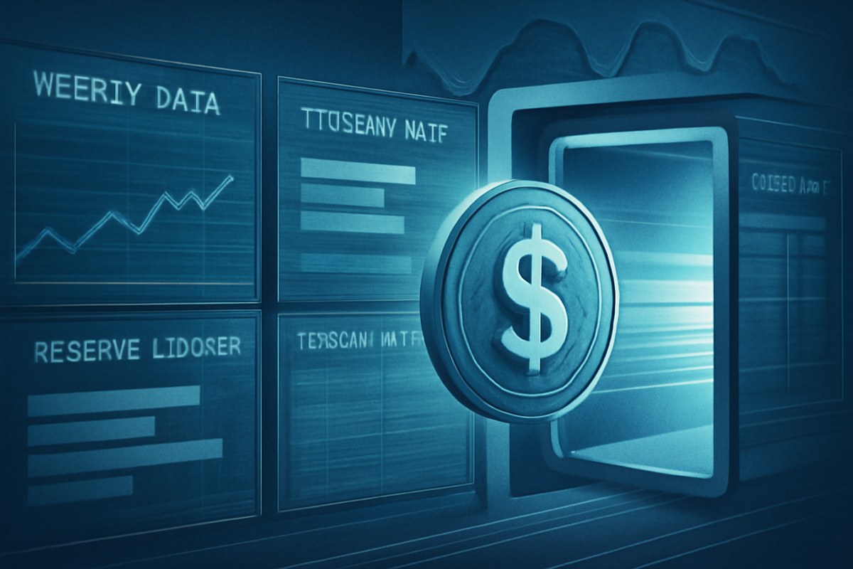 A digital dollar token feeding structured weekly reserve, trading and financial-condition data into a federal-style supervision dashboard, with Treasury bills and ledger grids in cool blue tones.
