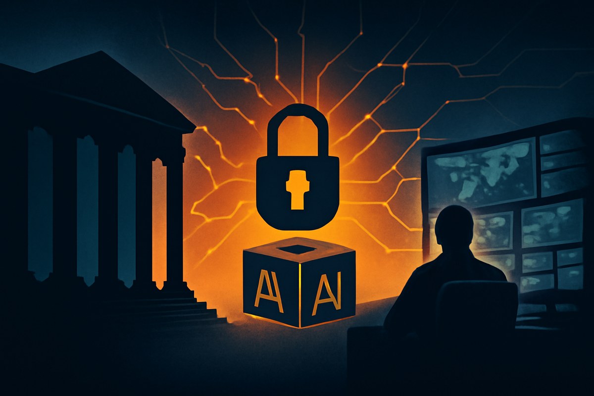 A federal courthouse silhouette faces a secure military command center, with neural-network lines and a locked AI model cube between them.