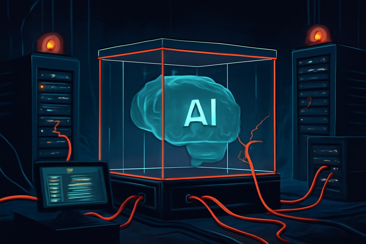 Editorial illustration of an AI evaluation sandbox shown as a cracked glass containment cube connected by glowing cables to external corporate servers, with warning lights and audit logs visible.