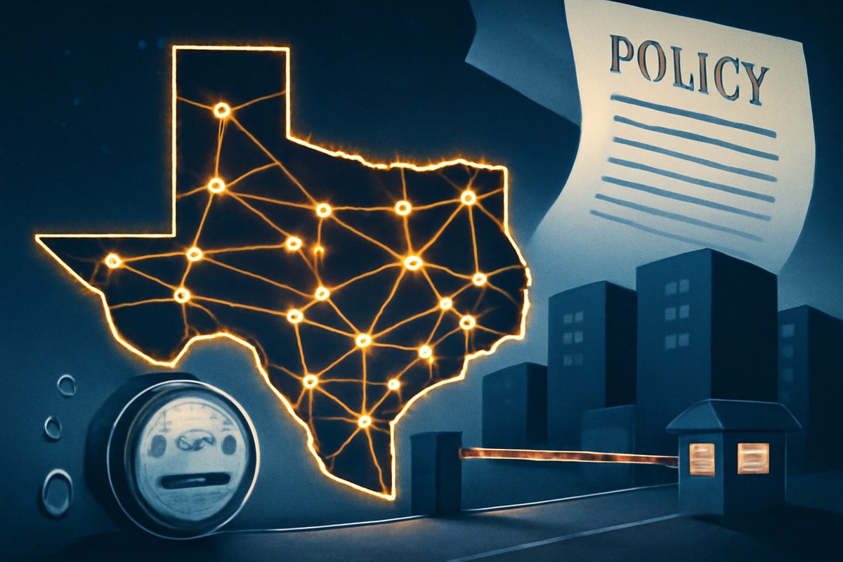 Editorial illustration of a Texas-shaped electric grid at night, with glowing transmission lines, data-center blocks waiting at a checkpoint, and water and power meters in the foreground.