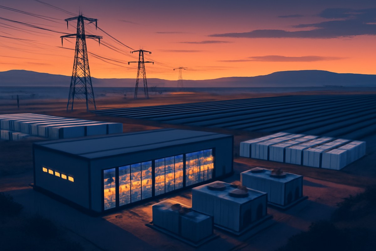 A large power-secured AI data center campus at dusk with transmission lines, solar fields, batteries, cooling systems and glowing GPU racks inside modular buildings.