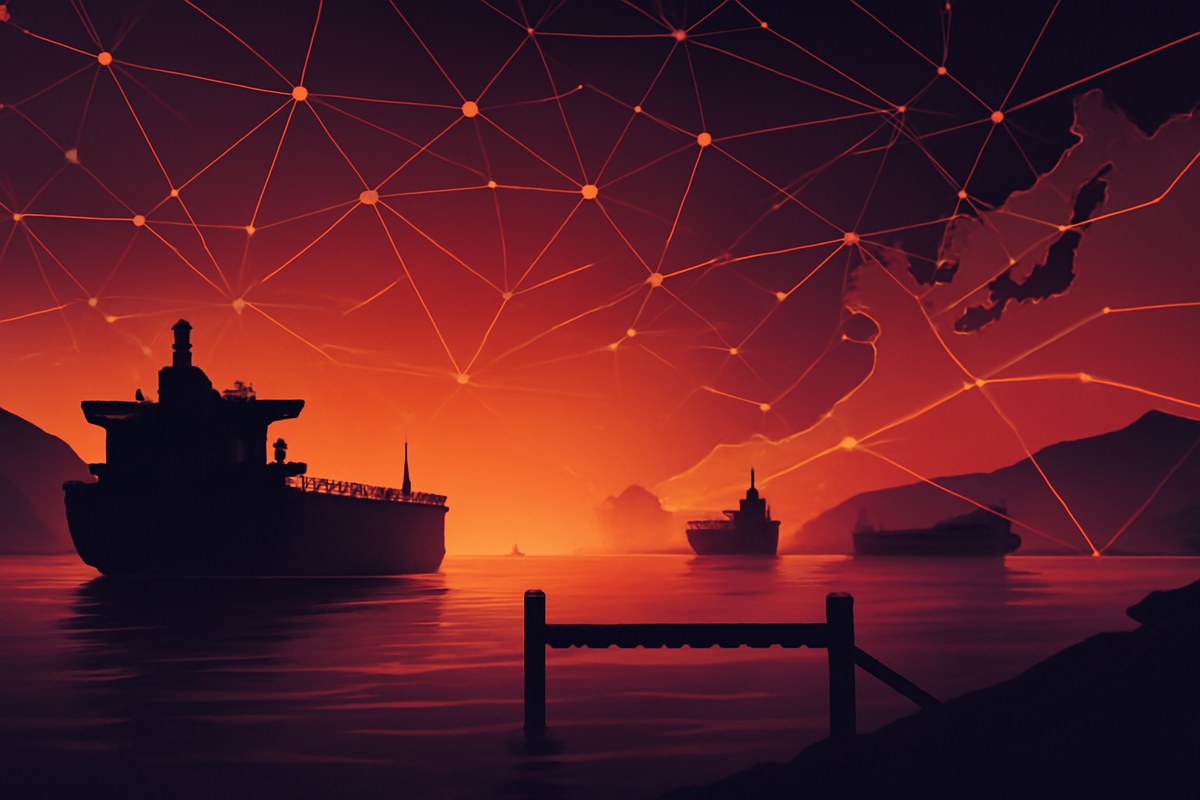 Oil tankers stalled near a narrow strait at dusk, with abstract financial network lines and customs barriers extending toward East Asia.