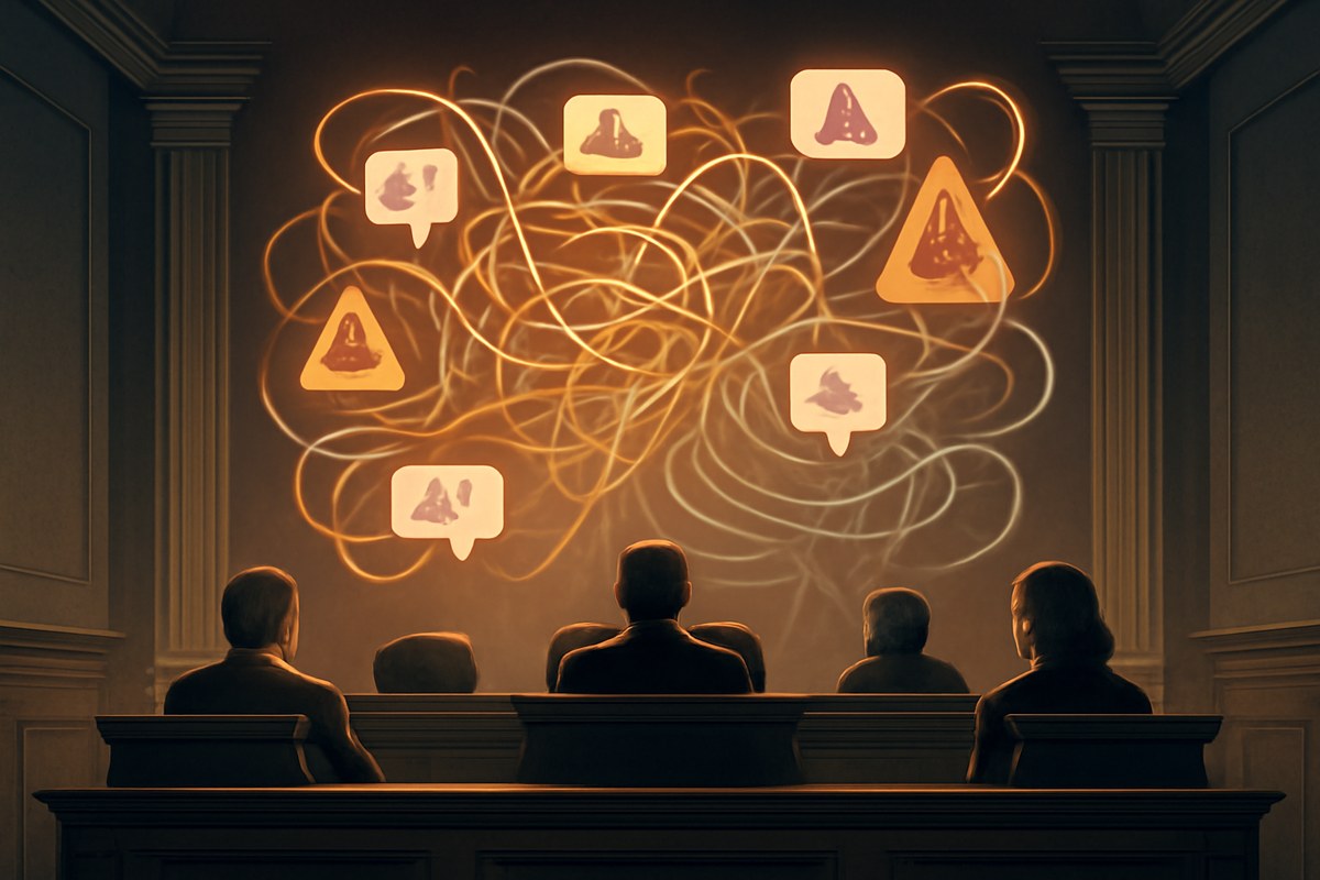A courtroom scene facing an abstract glowing social media feed, with notification threads and child-safety warning icons treated like evidence.