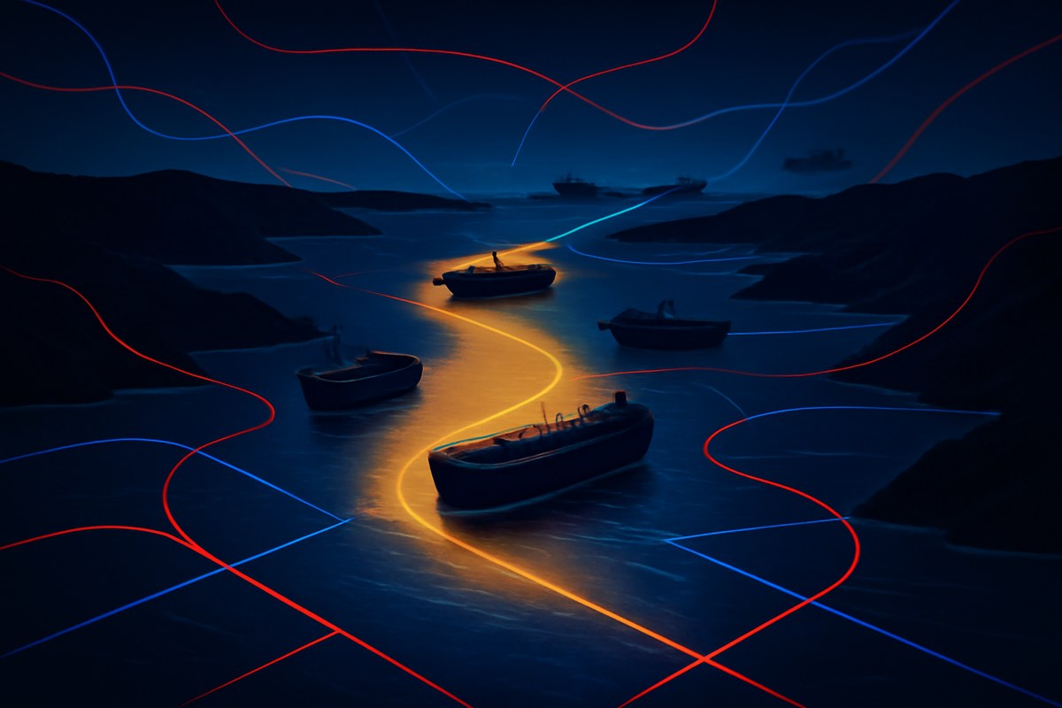 Editorial image of the Strait of Hormuz at night as a tense maritime corridor, with tankers offshore, naval silhouettes and overlaid route-control lines between two dark coastlines.
