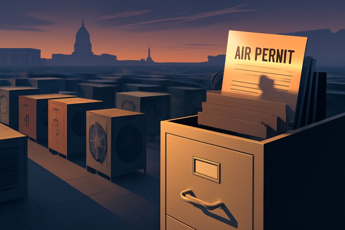 An editorial scene of a large AI data center at dusk with cooling equipment and backup generators partly obscured by an open government filing cabinet, suggesting air-permit notices fading from public view.