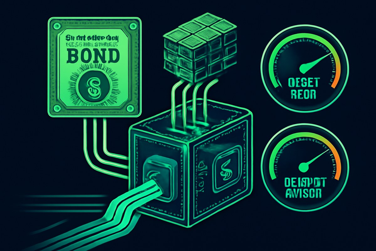 Digital collateral engine showing tokenized bond certificates and CLO blocks entering a DeFi lending machine, with stablecoin streams and risk gauges for credit and liquidity stress.