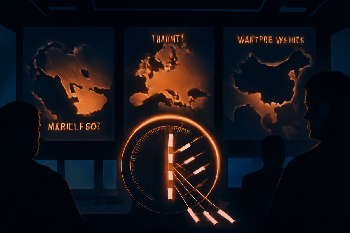 Editorial illustration of a Pentagon operations room with maps of the Middle East, Europe and the Western Pacific as missiles drain from a central inventory gauge.