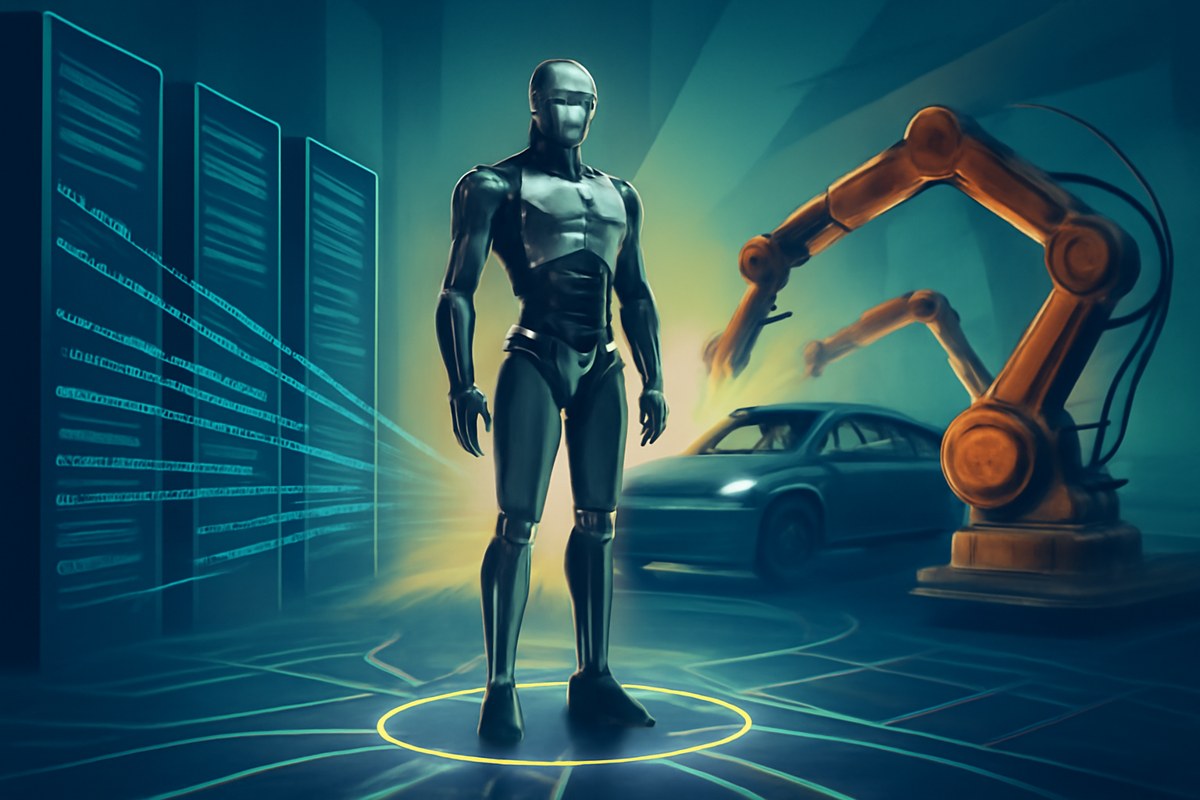 A sleek humanoid robot on an electric-vehicle factory floor, surrounded by assembly arms, abstract server racks and glowing data streams representing capital, manufacturing and AI training loops.