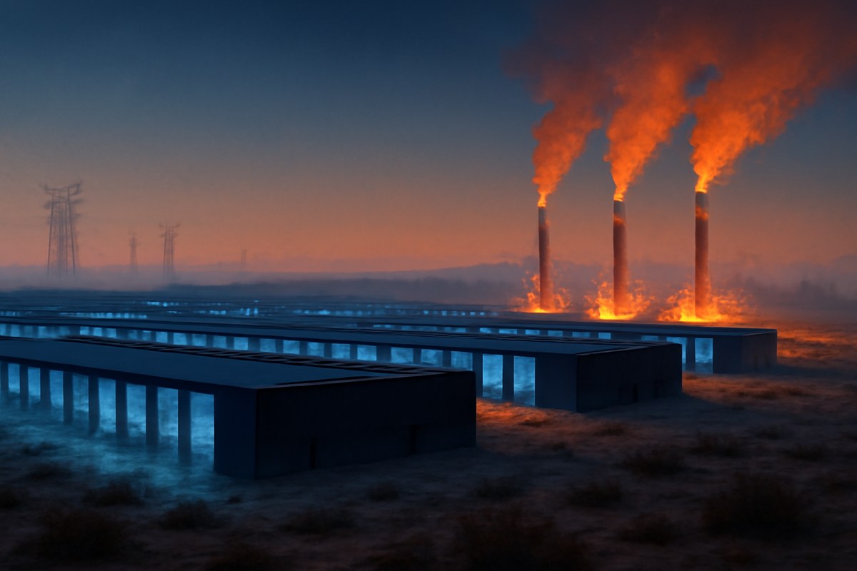 A large West Texas data-center campus at dusk beside natural-gas turbines, with blue server light contrasting against orange exhaust haze and distant power lines.