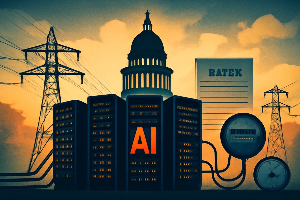 Editorial image of California policy, electric-grid infrastructure, server racks, meters, tariff documents, transmission towers, and water gauges illustrating AI data-center regulation.