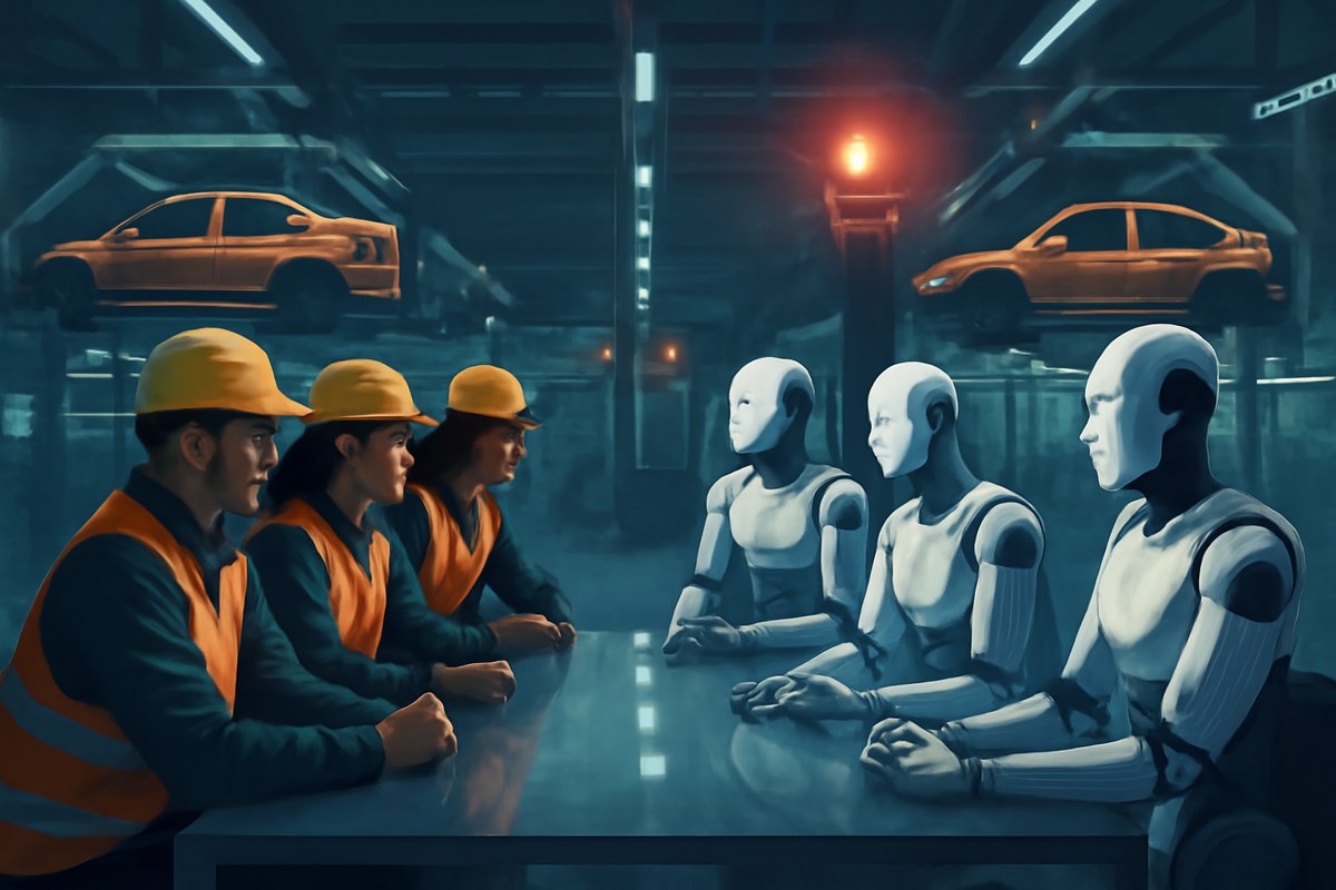 A modern auto factory floor divided between human workers and generic humanoid robots, with a transparent negotiation table in the center and paused assembly lines in the background.