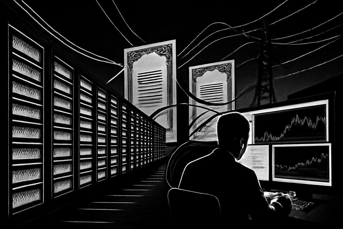A night-time AI data center rendered as financial infrastructure, with glowing GPU racks, abstract collateral blocks, bond-like forms, power lines and a private-credit trading desk, without logos or text.