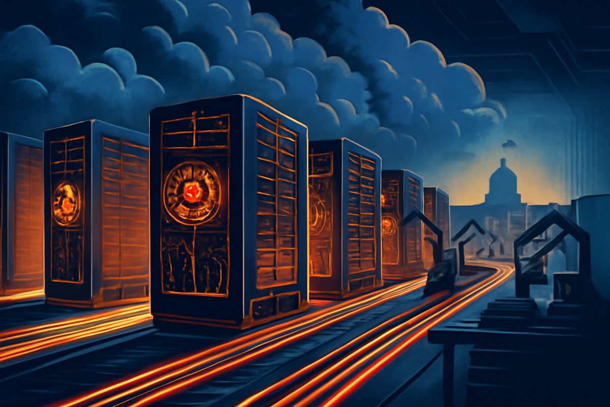 A vast cloud data center visualized as an AI factory assembly line, with illuminated server racks, secure compute zones, and autonomous robots in the distance, without brand logos.