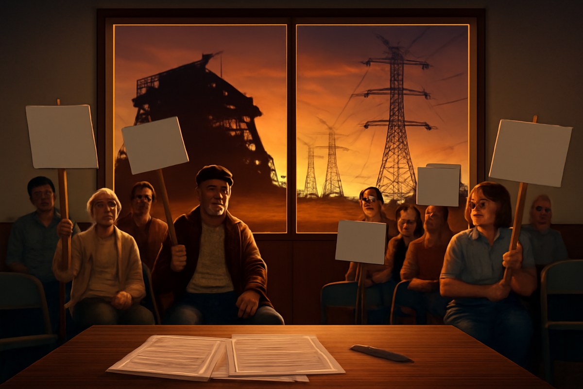 Editorial illustration of a rural Georgia county meeting room divided with a large AI data center silhouette, high-voltage transmission lines and residents holding generic protest signs.