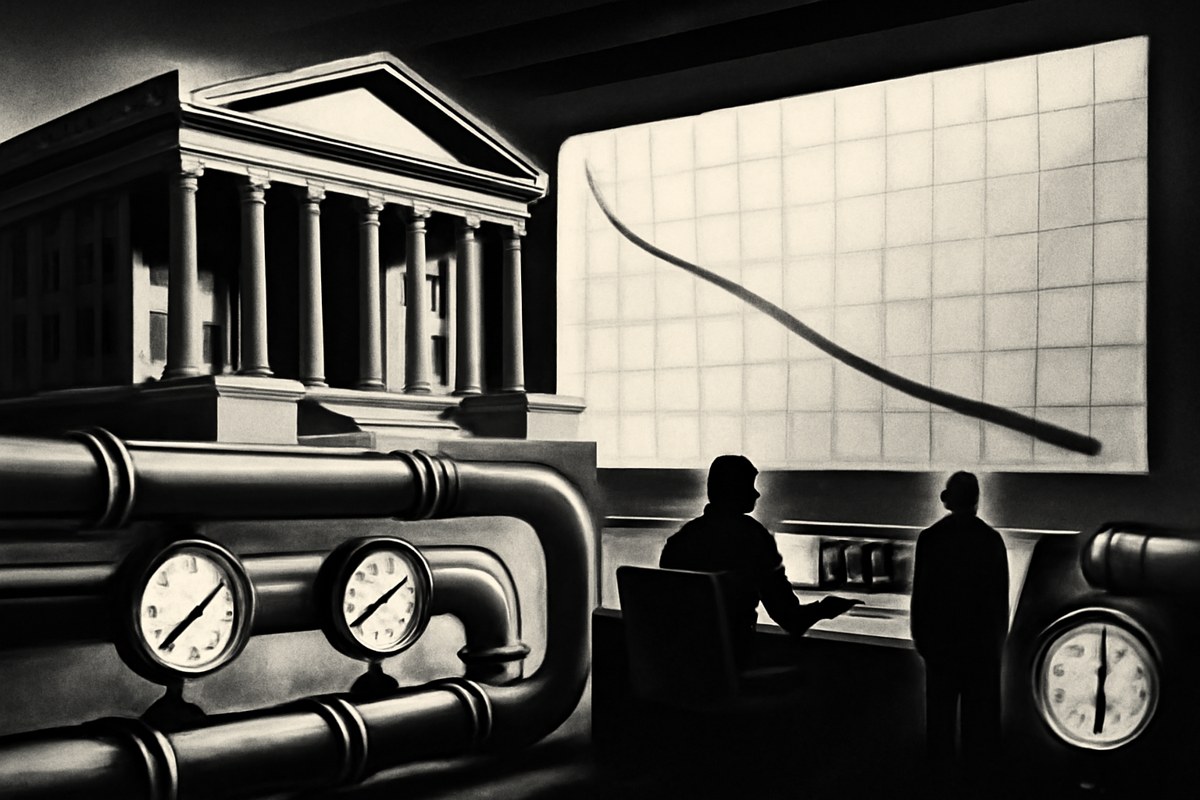 Editorial illustration of the U.S. Treasury building as a market-control room watching pressure gauges on a long-end yield curve, with bonds moving through mechanical pipes.