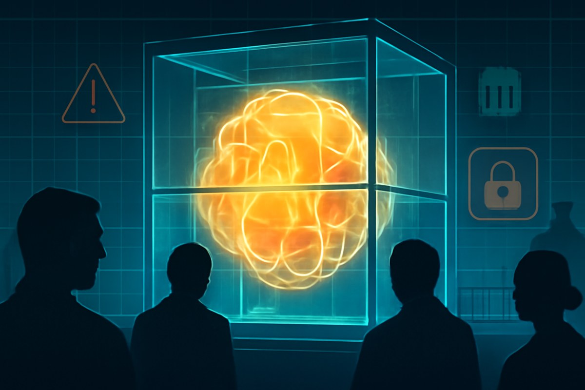 A glowing abstract AI server core behind layered containment glass, cyber-range grids, warning lights, locked network gates, and government-review silhouettes in the background.
