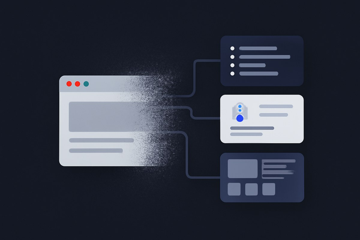 A fading standalone browser window dissolving into connected AI workspace panels, code panes and task cards on a dark neutral background.