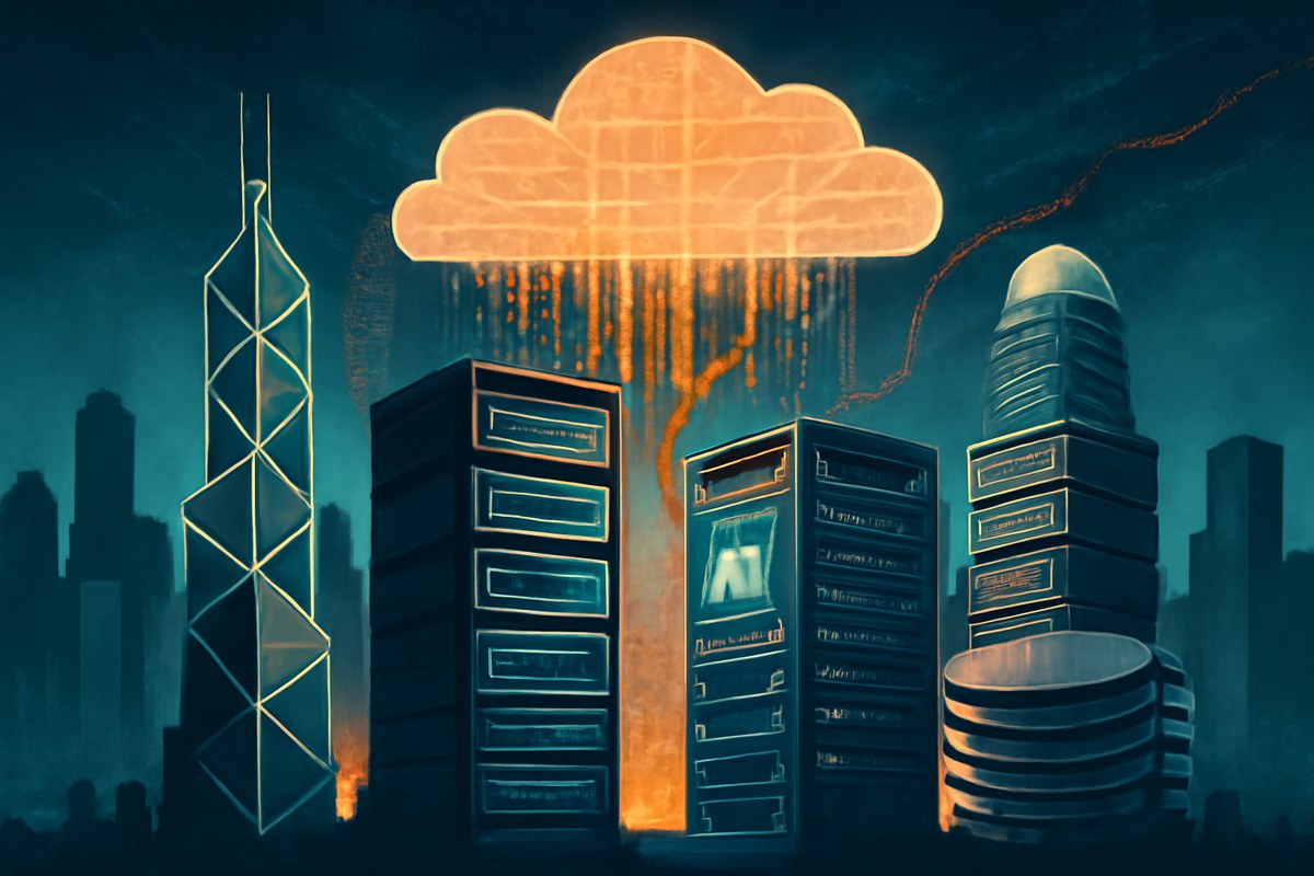 Hong Kong financial towers visually transforming into AI server racks and chip wafers, with streams of market data flowing into a cloud-compute grid.