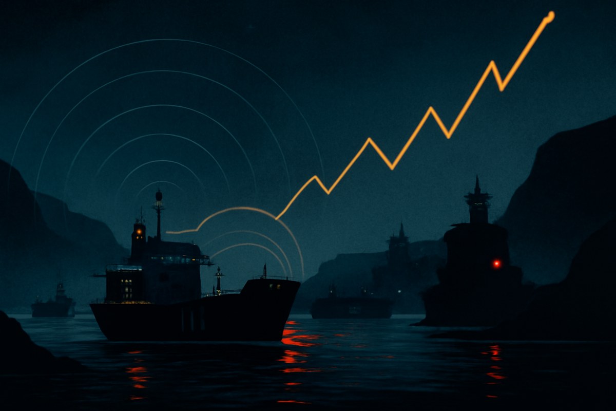Dark editorial maritime scene showing tankers moving through a narrow chokepoint at night under radar arcs, naval silhouettes, warning lights and rising abstract market lines.