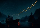 Dark editorial maritime scene showing tankers moving through a narrow chokepoint at night under radar arcs, naval silhouettes, warning lights and rising abstract market lines.