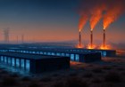 A large West Texas data-center campus at dusk beside natural-gas turbines, with blue server light contrasting against orange exhaust haze and distant power lines.