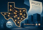 Editorial illustration of a Texas-shaped electric grid at night, with glowing transmission lines, data-center blocks waiting at a checkpoint, and water and power meters in the foreground.