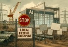 Editorial illustration of an AI data center construction site paused at a local permit checkpoint, with power lines, water infrastructure and residents in the foreground.