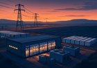 A large power-secured AI data center campus at dusk with transmission lines, solar fields, batteries, cooling systems and glowing GPU racks inside modular buildings.
