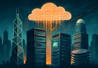 Hong Kong financial towers visually transforming into AI server racks and chip wafers, with streams of market data flowing into a cloud-compute grid.