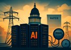 Editorial image of California policy, electric-grid infrastructure, server racks, meters, tariff documents, transmission towers, and water gauges illustrating AI data-center regulation.
