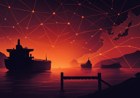 Oil tankers stalled near a narrow strait at dusk, with abstract financial network lines and customs barriers extending toward East Asia.