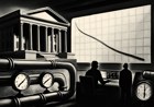 Editorial illustration of the U.S. Treasury building as a market-control room watching pressure gauges on a long-end yield curve, with bonds moving through mechanical pipes.