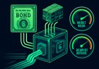 Digital collateral engine showing tokenized bond certificates and CLO blocks entering a DeFi lending machine, with stablecoin streams and risk gauges for credit and liquidity stress.