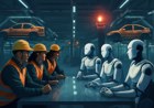 A modern auto factory floor divided between human workers and generic humanoid robots, with a transparent negotiation table in the center and paused assembly lines in the background.