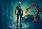 A sleek humanoid robot on an electric-vehicle factory floor, surrounded by assembly arms, abstract server racks and glowing data streams representing capital, manufacturing and AI training loops.