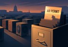 An editorial scene of a large AI data center at dusk with cooling equipment and backup generators partly obscured by an open government filing cabinet, suggesting air-permit notices fading from public view.